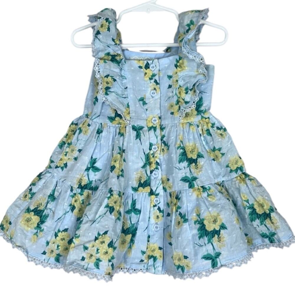 Btween Floral Ruffle Apron Dress Baby Girl 24 Months Blue Yellow Cottage Prairie